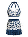 Costumi con floreale volant scollo all'americana blu anni '40