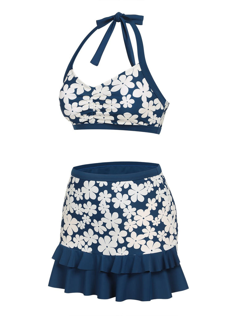 Costumi con floreale volant scollo all'americana blu anni '40