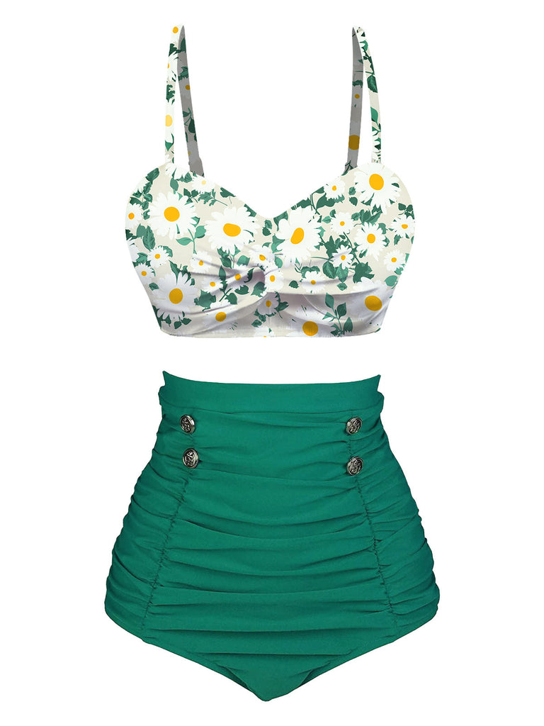 Costumi plissettato spalline a margherita verde anni '50