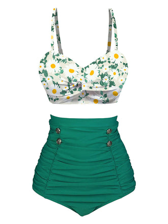 Costumi plissettato spalline a margherita verde anni '50