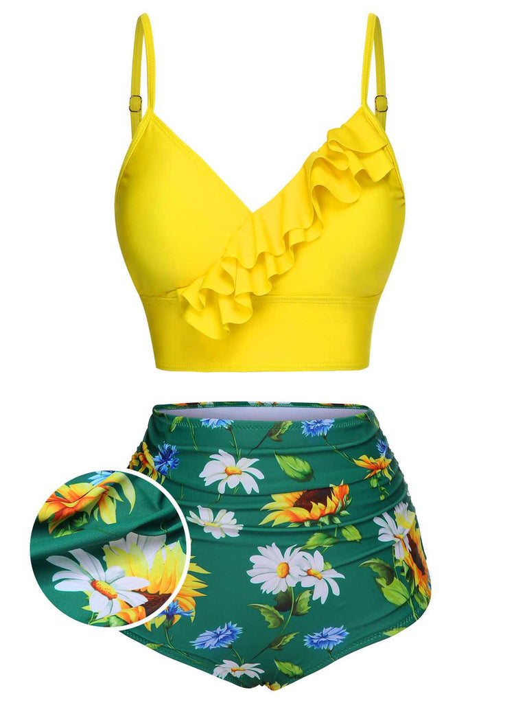 2PCS Costumi con scollo a V volant a girasole giallo anni '50
