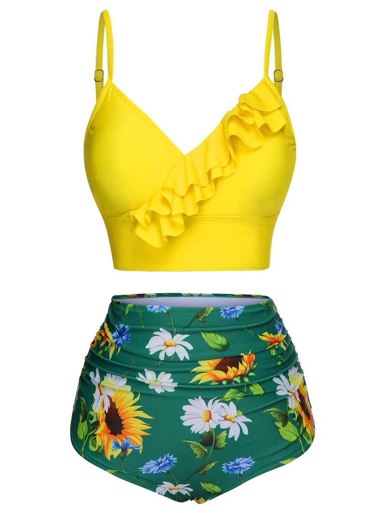 2PCS Costumi con scollo a V volant a girasole giallo anni '50