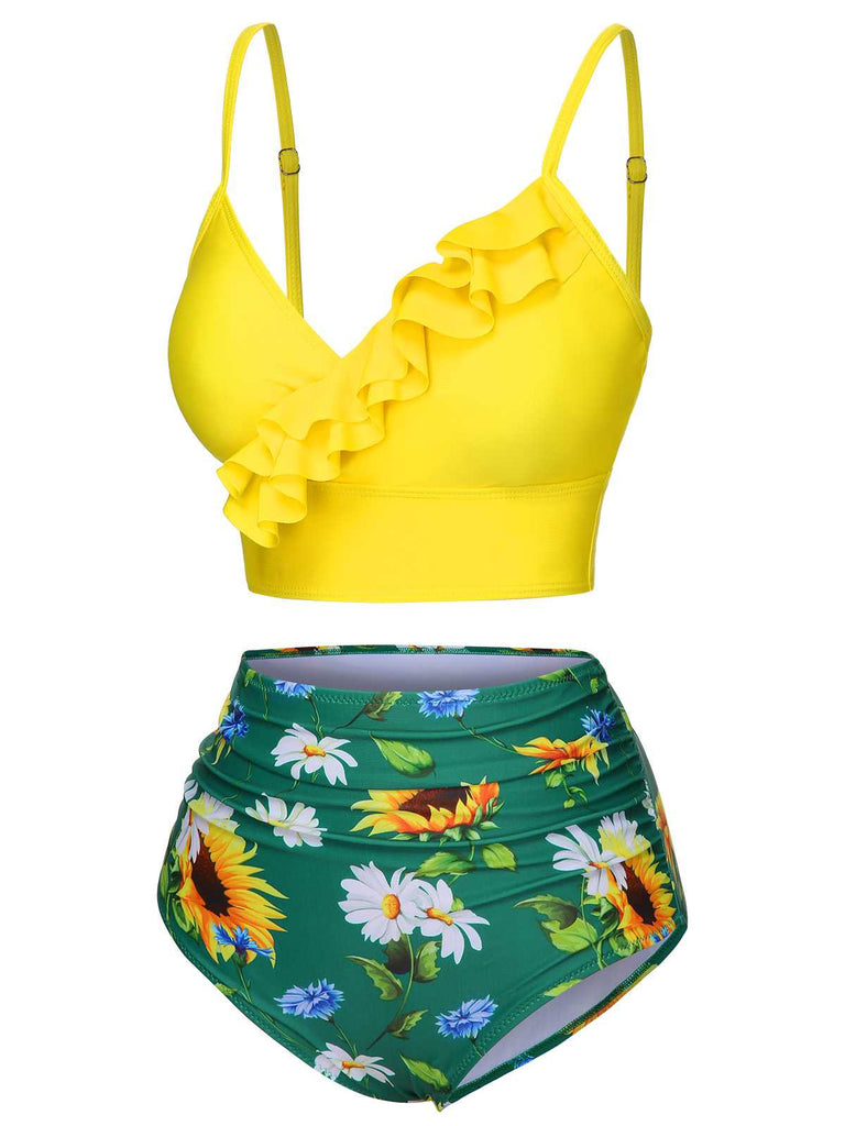 2PCS Costumi con scollo a V volant a girasole giallo anni '50