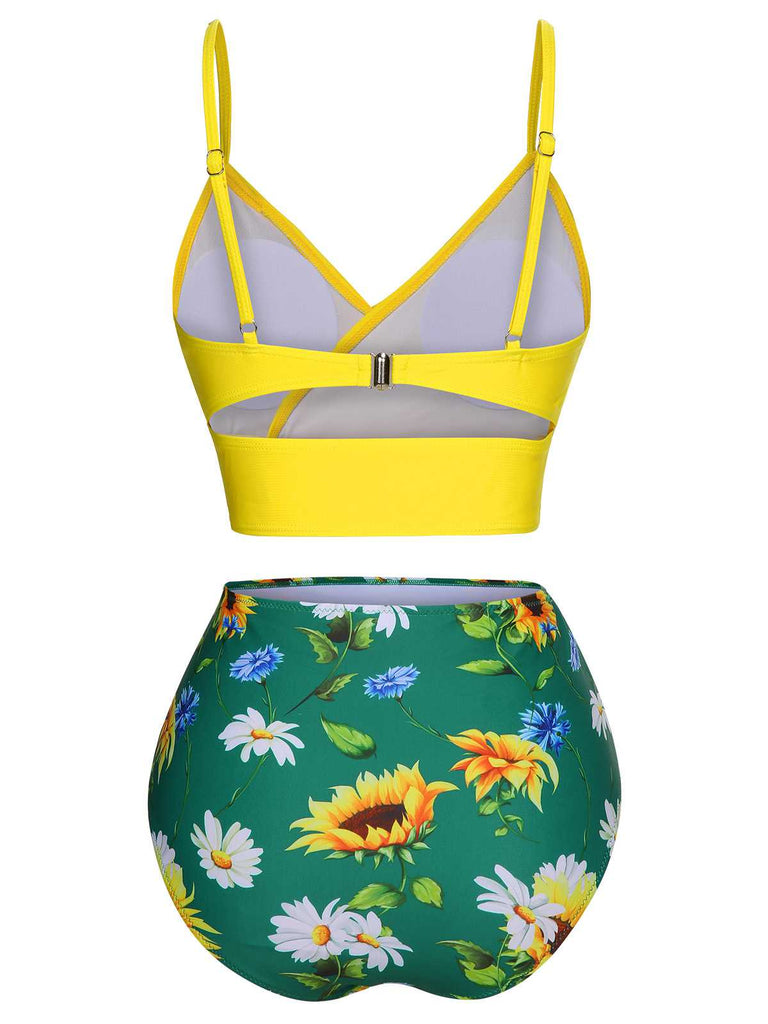 2PCS Costumi con scollo a V volant a girasole giallo anni '50