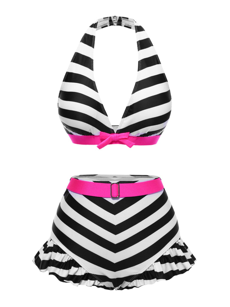 Bikini a contrasto fiocco volant a righe nere anni '50