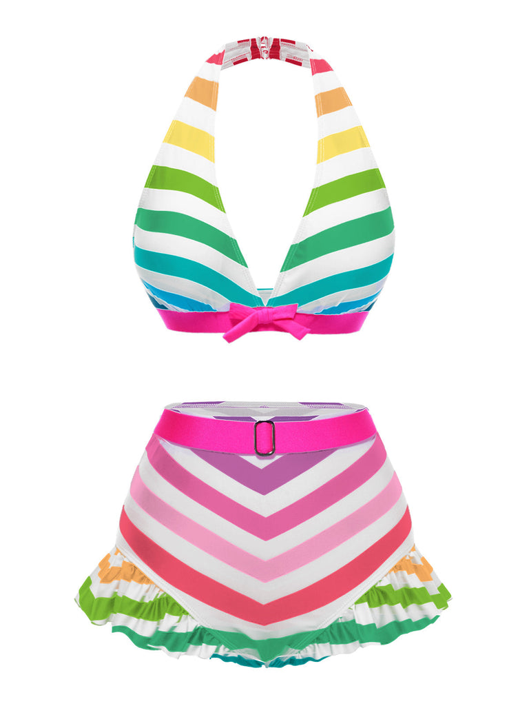 Set bikini a righe volant a contrasto arcobaleno anni '50