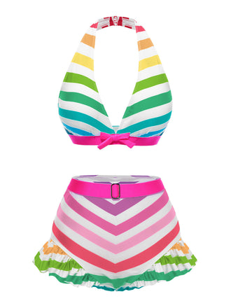 Set bikini a righe volant a contrasto arcobaleno anni '50
