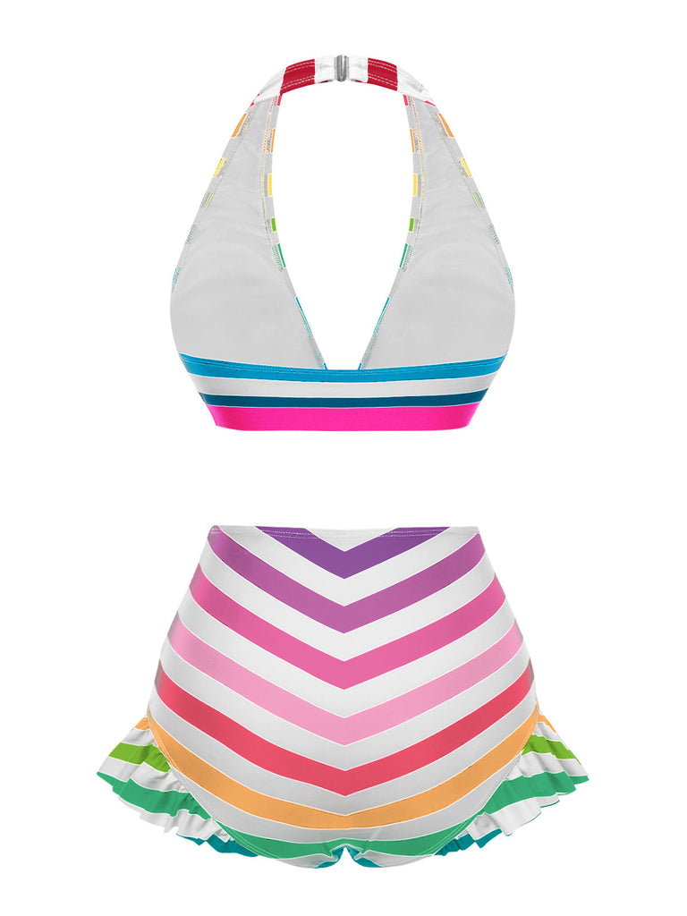 Set bikini a righe volant a contrasto arcobaleno anni '50