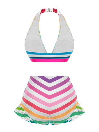 Set bikini a righe volant a contrasto arcobaleno anni '50