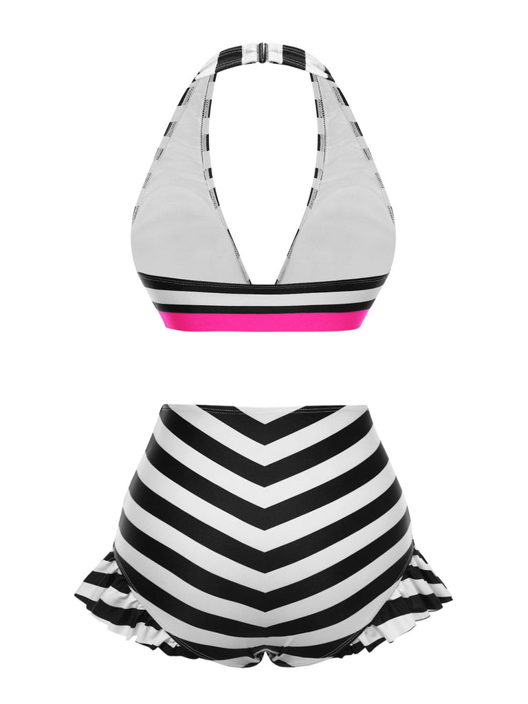 Bikini a contrasto fiocco volant a righe nere anni '50