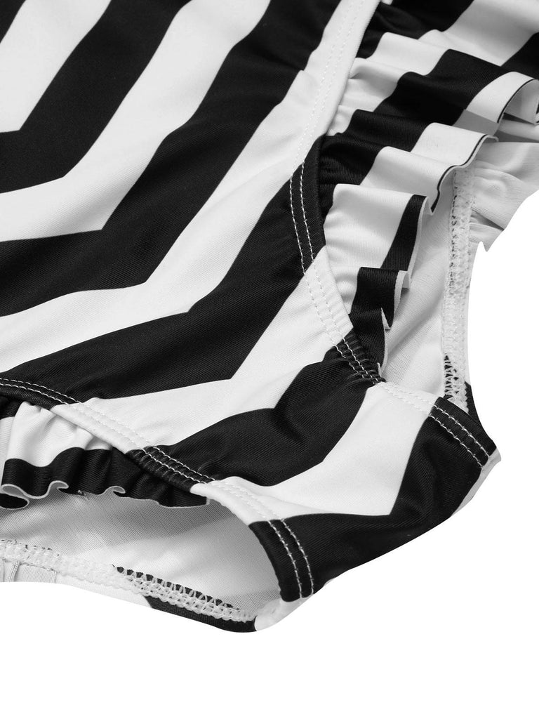 Bikini a contrasto fiocco volant a righe nere anni '50