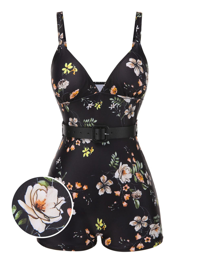 Costumi intero floreale con spalline nero anni '40