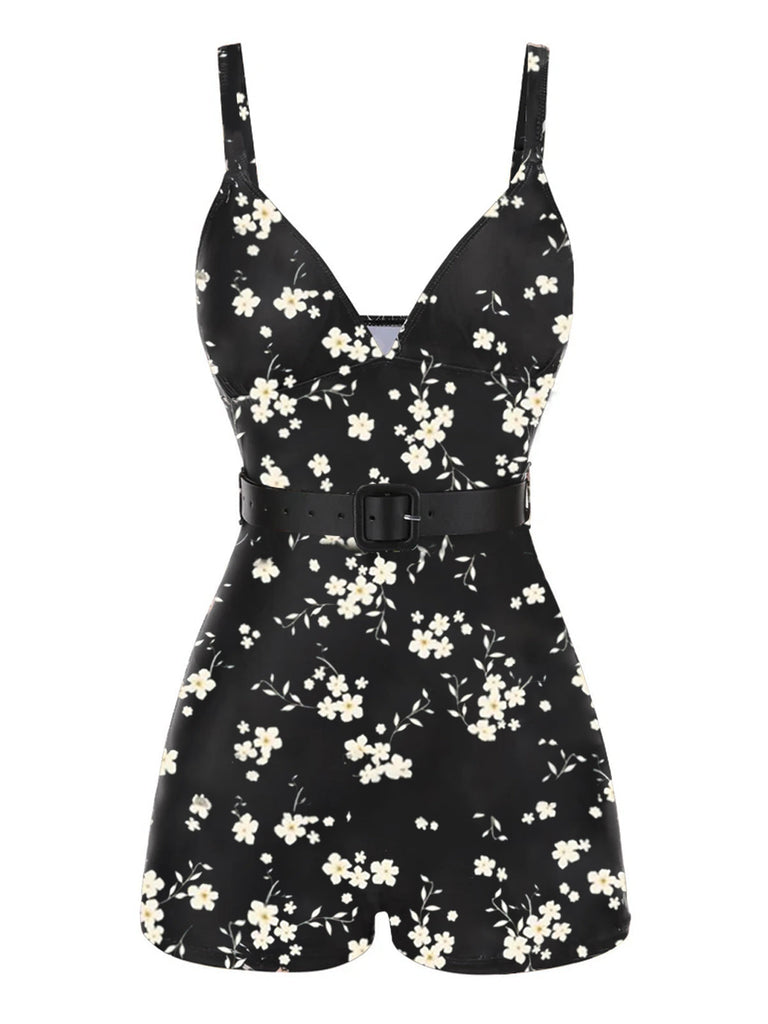 Costumi intero floreale con spalline nero anni '40