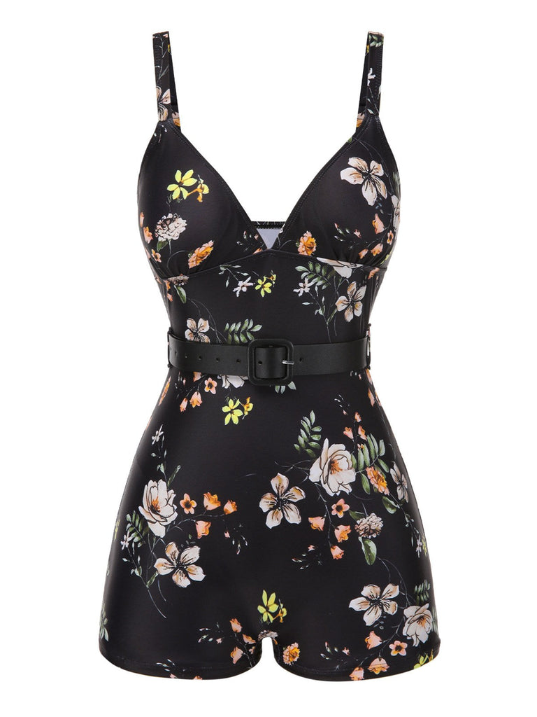 Costumi intero floreale con spalline nero anni '40