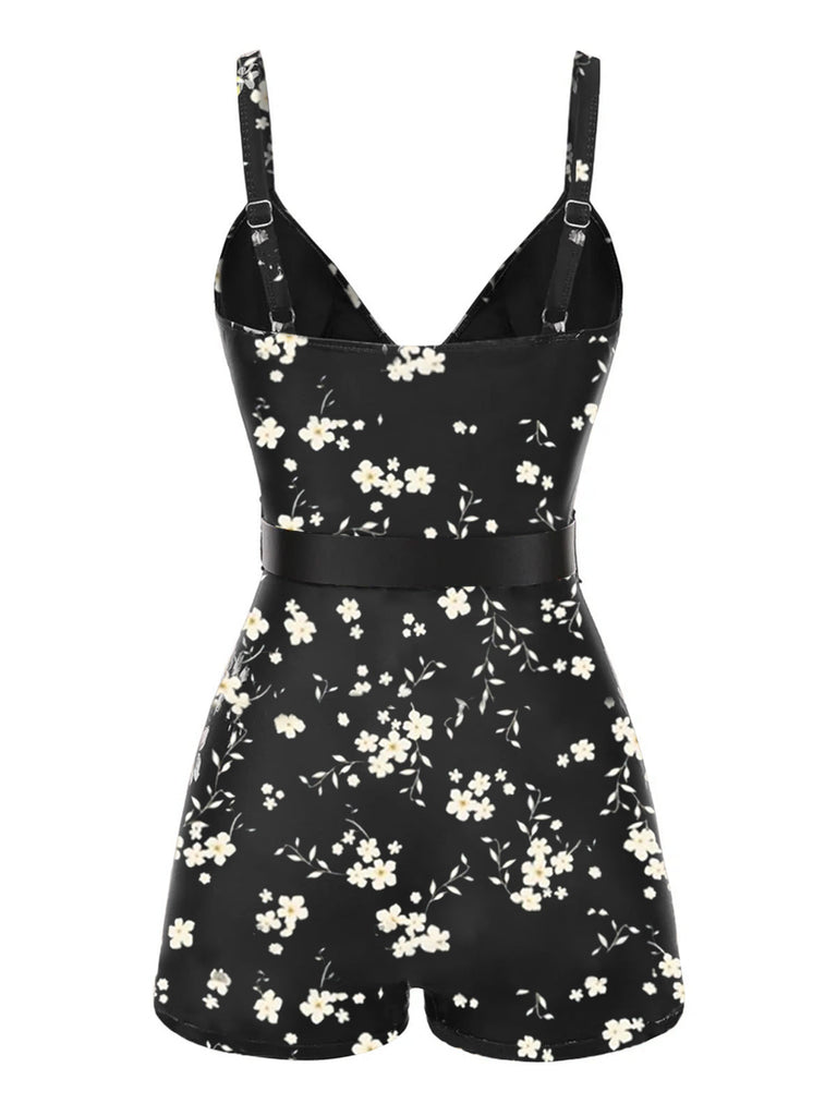 Costumi intero floreale con spalline nero anni '40