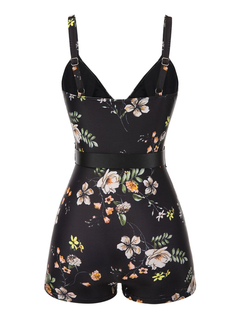 Costumi intero floreale con spalline nero anni '40