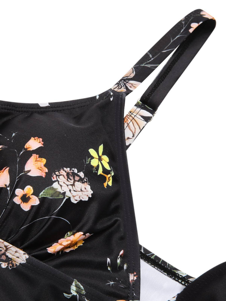 Costumi intero floreale con spalline nero anni '40