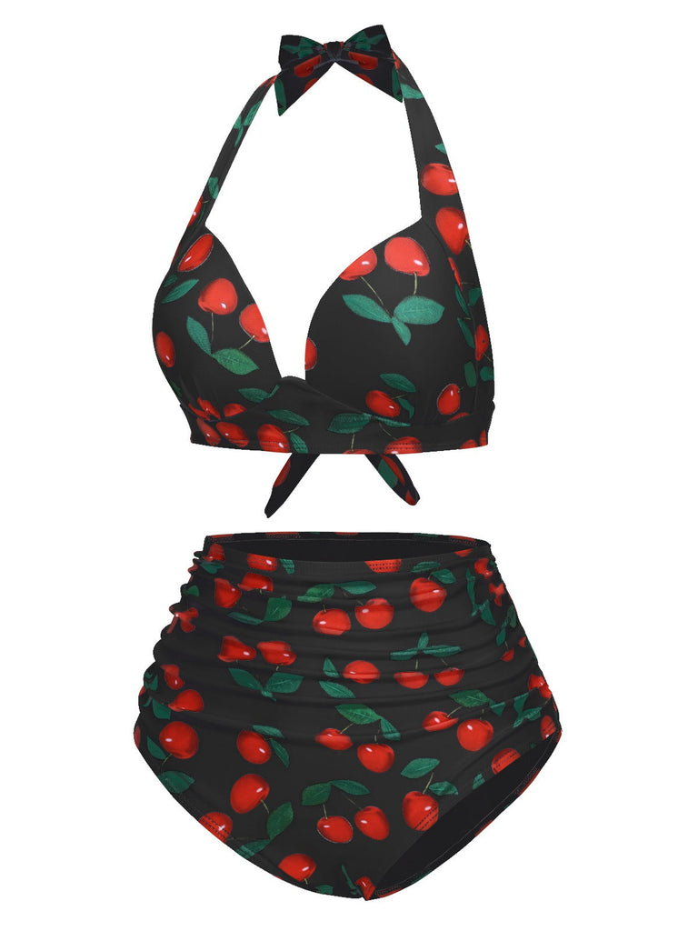 Set bikini con scollo all'americana rosso ciliegia anni '30
