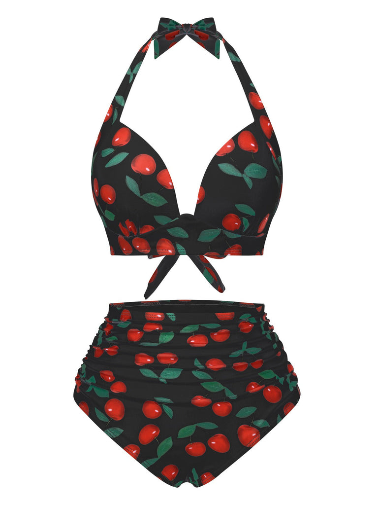 Set bikini con scollo all'americana rosso ciliegia anni '30