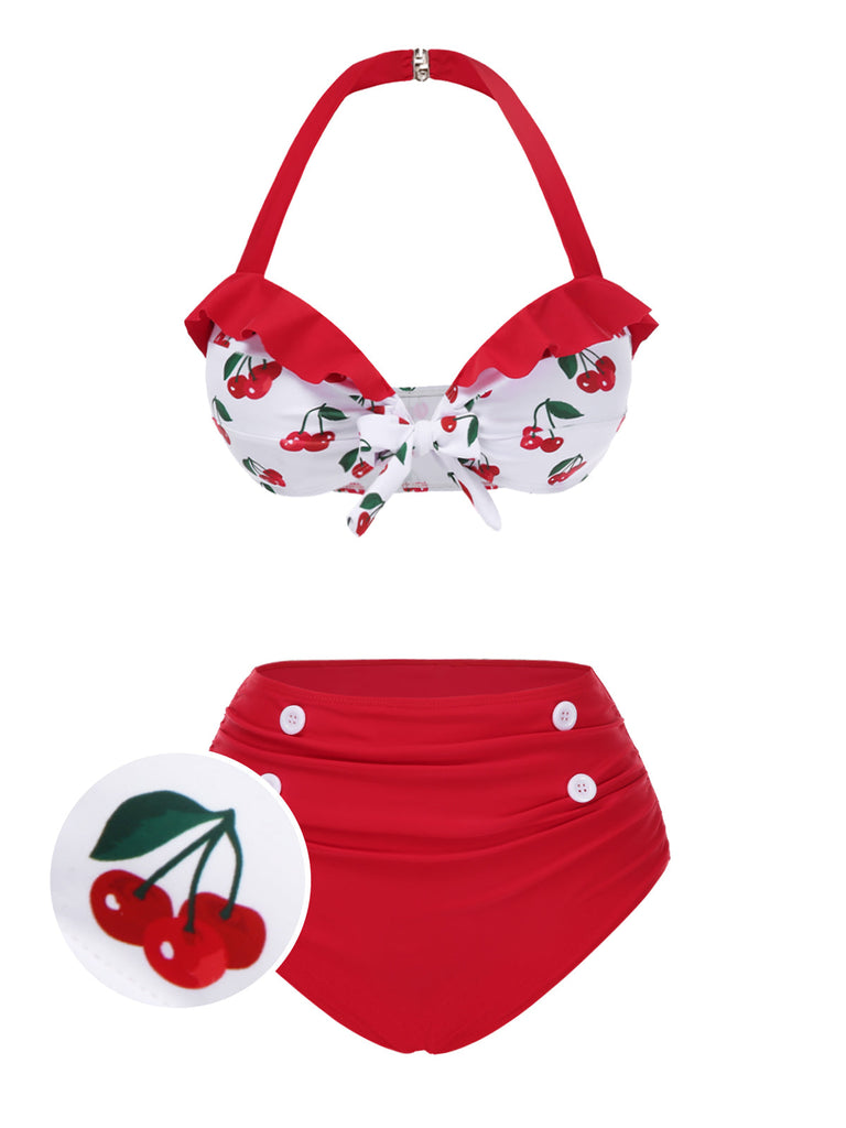 Bikini volant e scollo a V stile ciliegia rosso anni '50