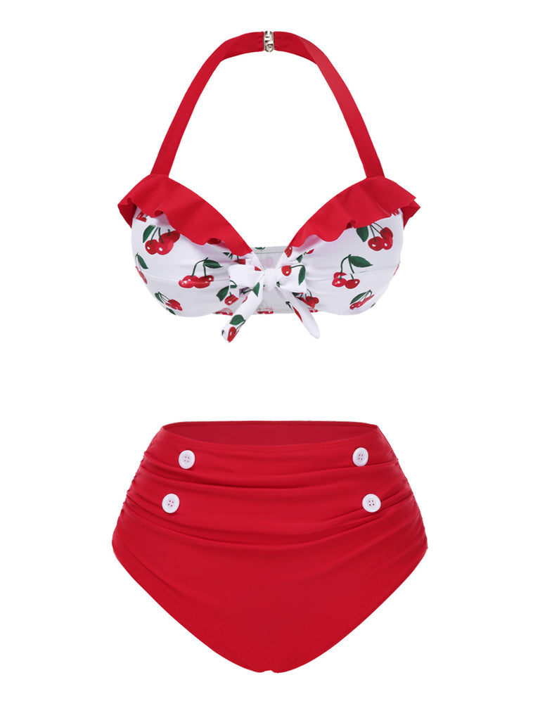 Bikini volant e scollo a V stile ciliegia rosso anni '50