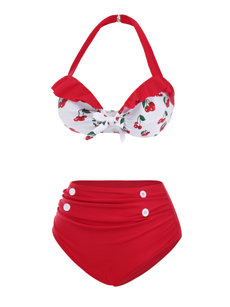 Bikini volant e scollo a V stile ciliegia rosso anni '50
