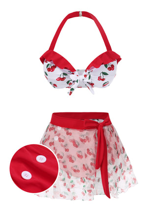 2PCS Bikini e copricostume cintura in vita rosso ciliegia anni '50