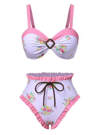 Set bikini floreale con orlo arricciato rosa anni '50