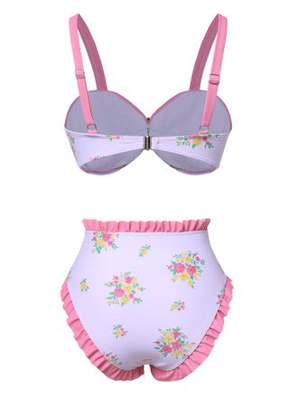 Set bikini floreale con orlo arricciato rosa anni '50