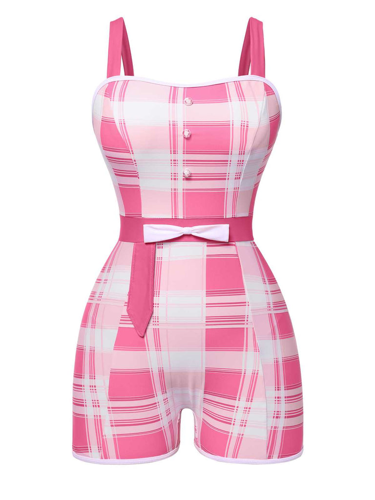 Costumi intero plaid con fiocco rosa anni '50