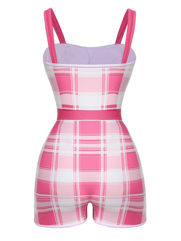 Costumi intero plaid con fiocco rosa anni '50