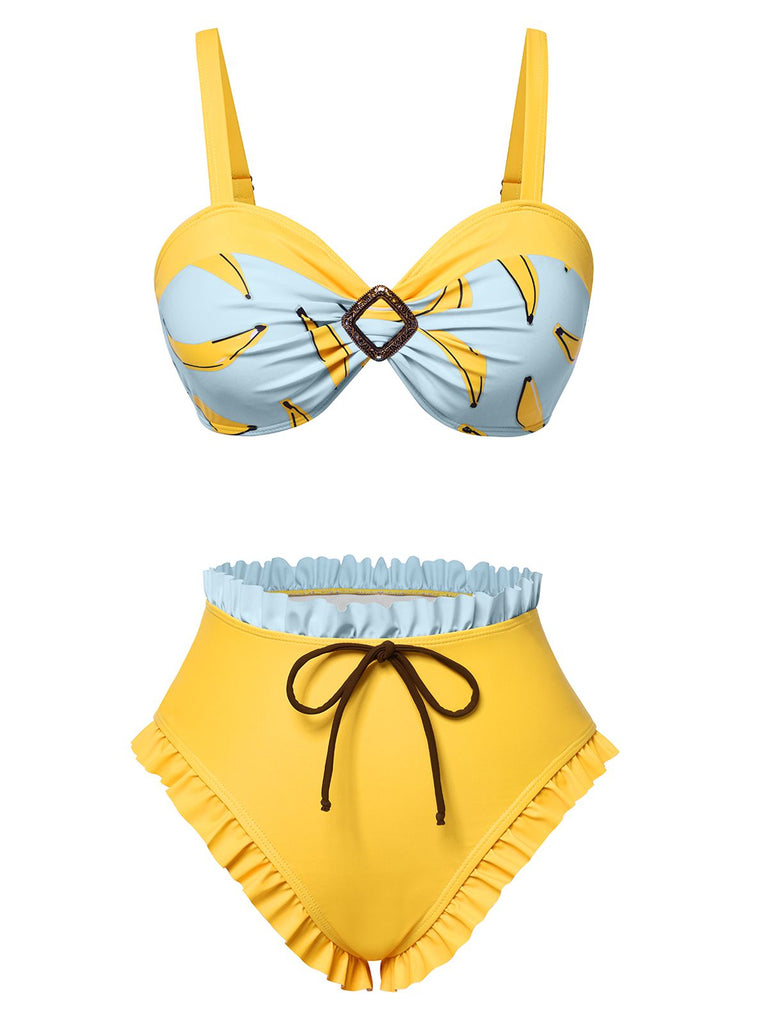 Set bikini a banana con orlo arricciato giallo anni '50