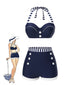 Costumi patchwork spalline a righe blu scuro anni '40