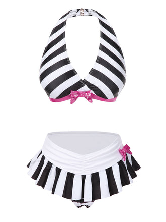 Set Bikini a righe scollo all'americana biancho e nero anni '50