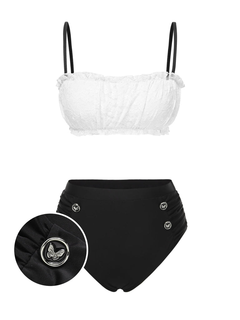 Set bikini in pizzo colorblock bianco e nero anni '30