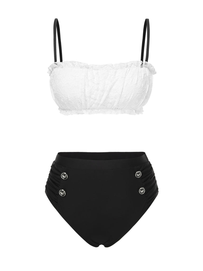 Set bikini in pizzo colorblock bianco e nero anni '30