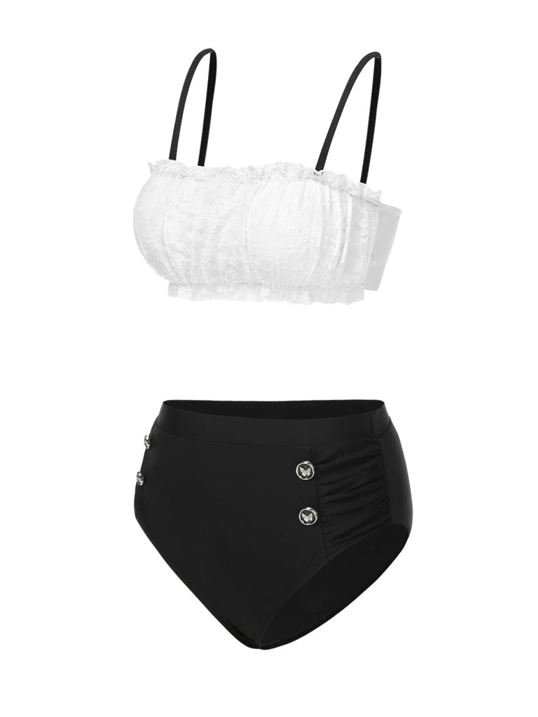 Set bikini in pizzo colorblock bianco e nero anni '30