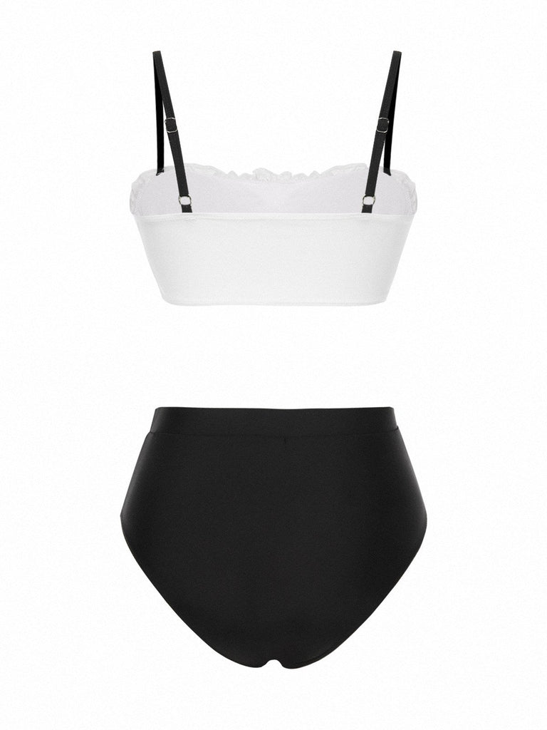 Set bikini in pizzo colorblock bianco e nero anni '30