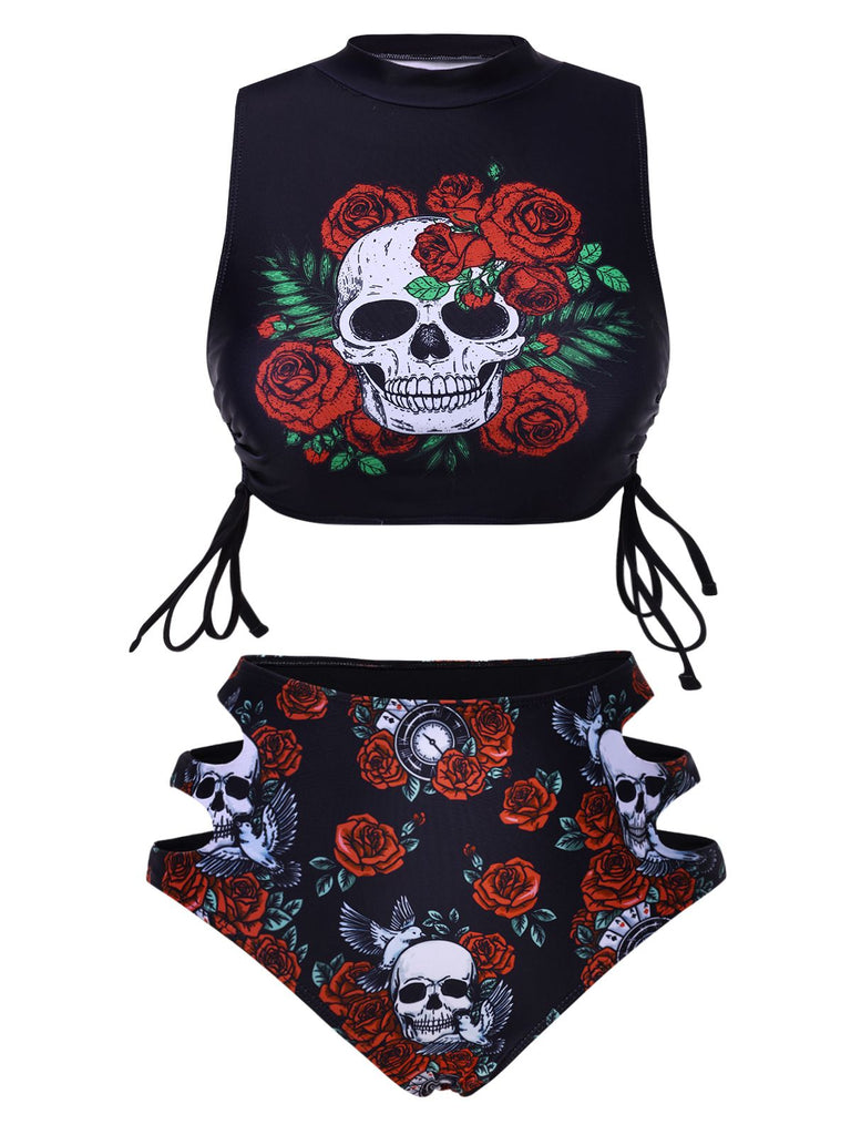 Tankini con rosa teschio lacci nero anni '70