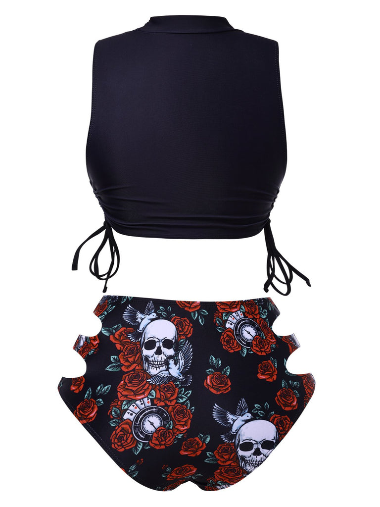 Tankini con rosa teschio lacci nero anni '70