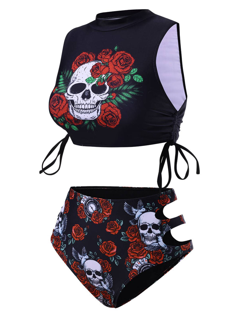 Tankini con rosa teschio lacci nero anni '70