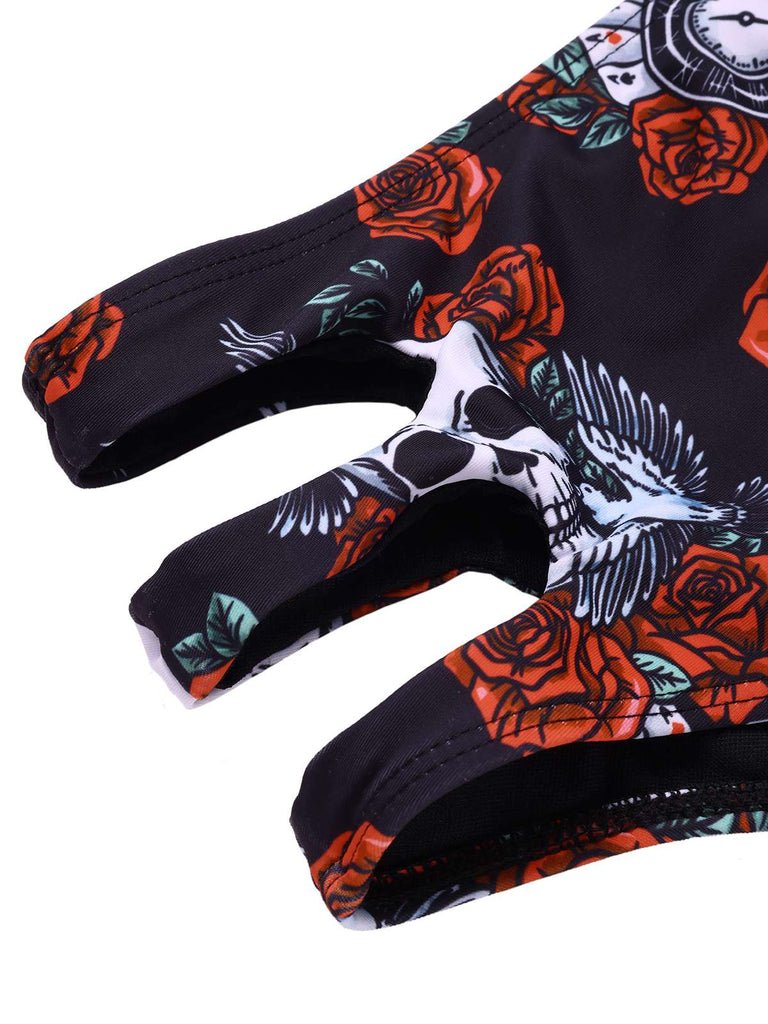 Tankini con rosa teschio lacci nero anni '70