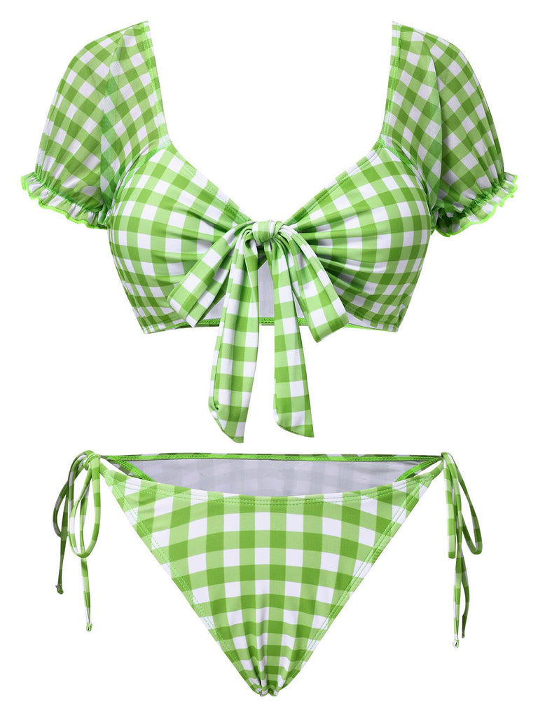 Set bikini plaid a maniche a sbuffo verde anni '60