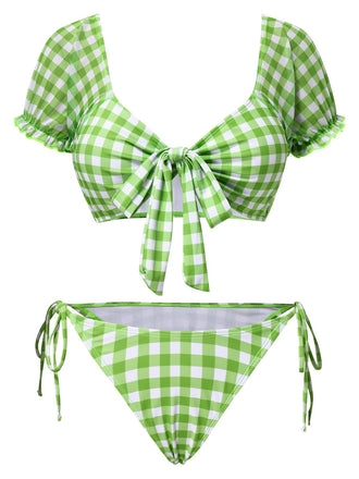 Set bikini plaid a maniche a sbuffo verde anni '60