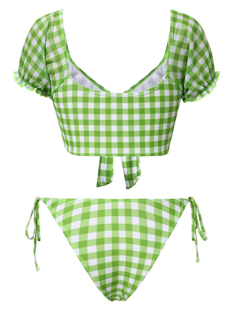 Set bikini plaid a maniche a sbuffo verde anni '60