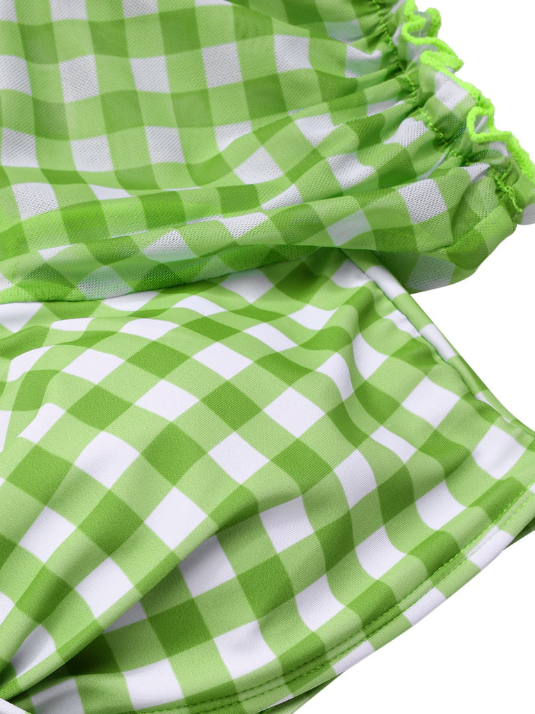 Set bikini plaid a maniche a sbuffo verde anni '60