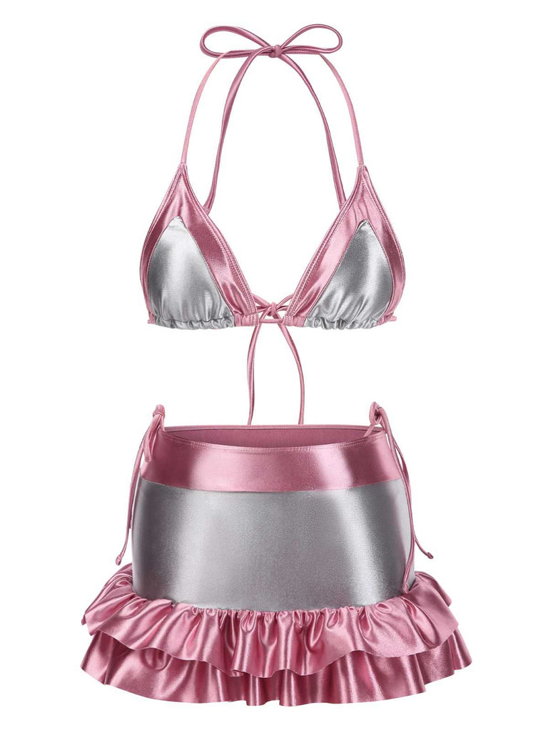 Set bikini metallizzato con volant colorblock anni '70