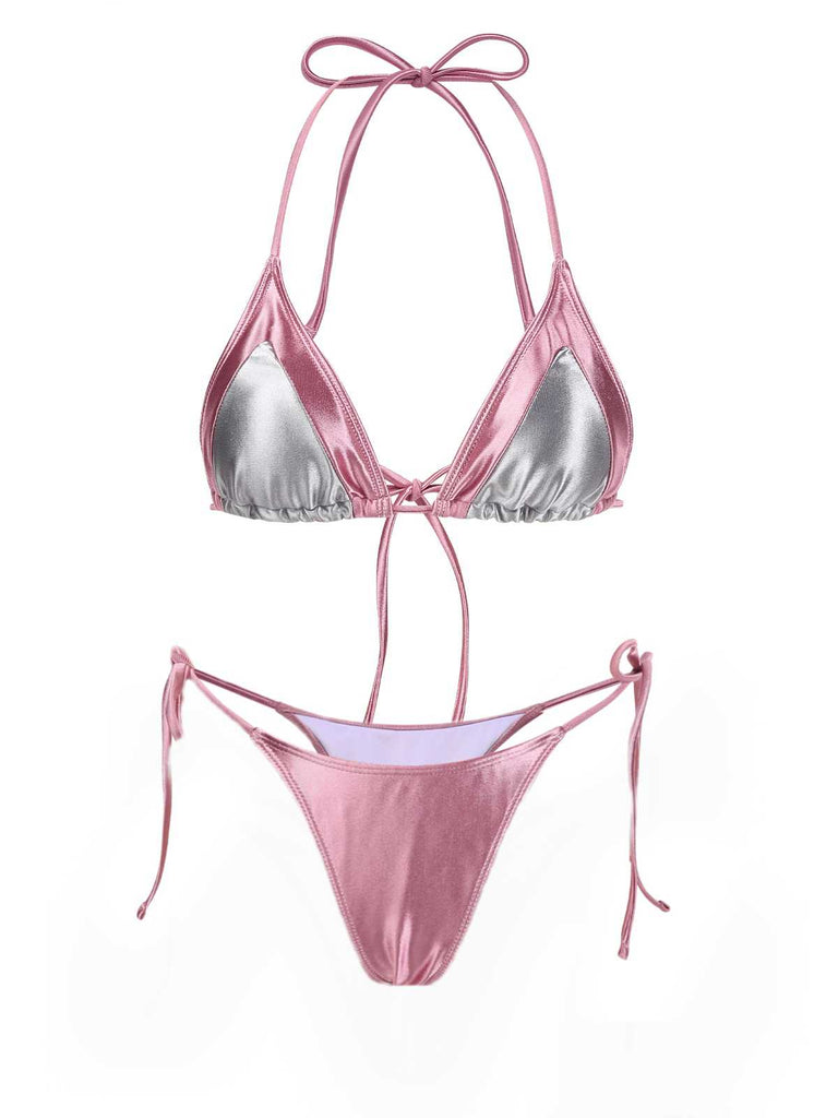 Set bikini metallizzato con volant colorblock anni '70