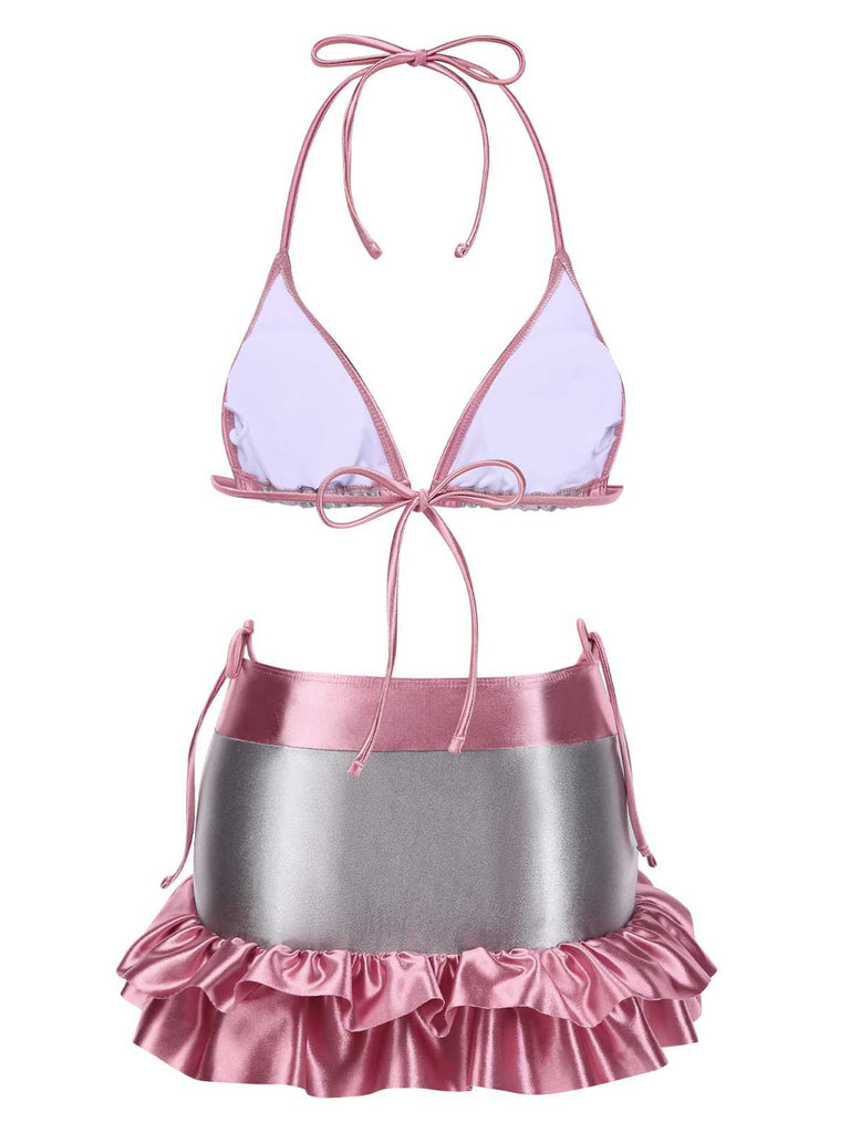 Set bikini metallizzato con volant colorblock anni '70