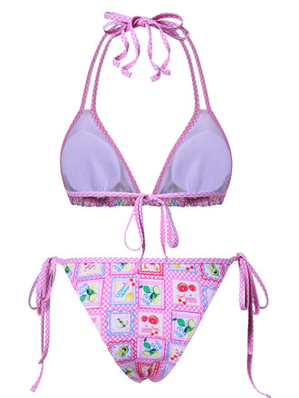 Set bikini con stampa a quadri di frutta rosa anni '60